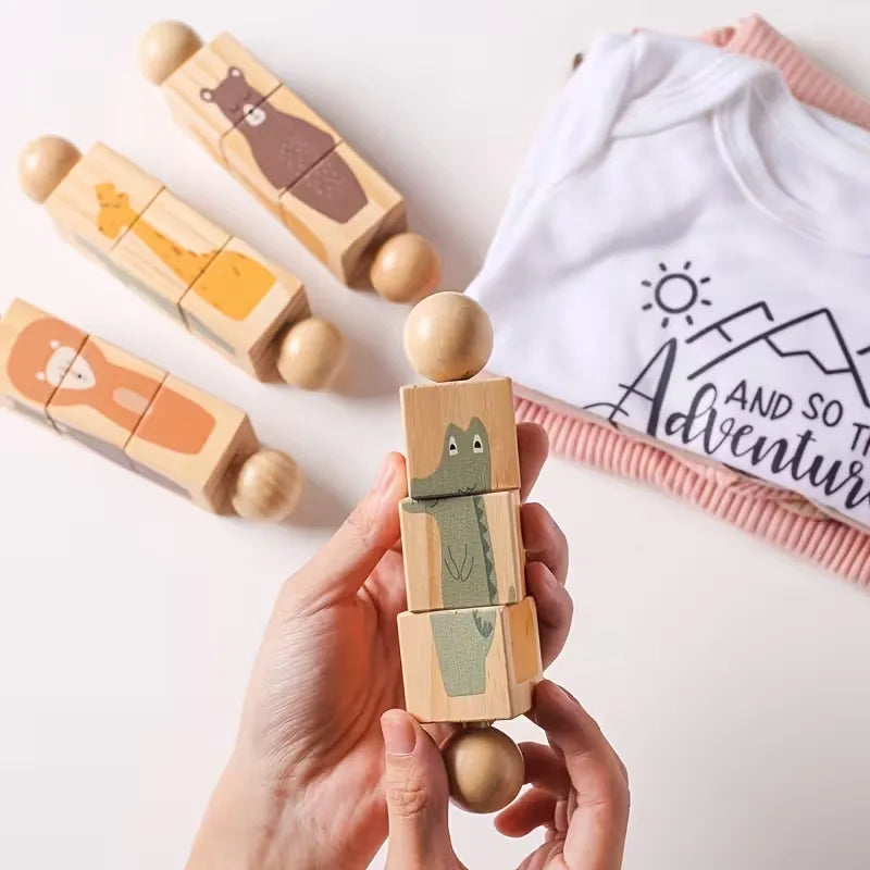 Educational Wooden Animal Shape Matching Toy with Rotating Rattles