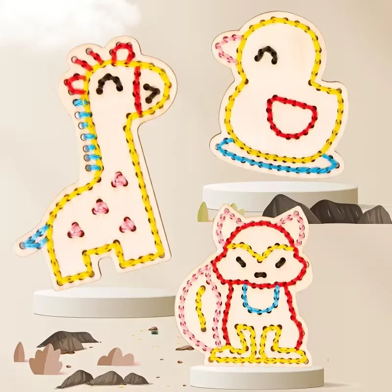 Wooden Animal Rope Toys 1 Set | Hand Eye Coordination Embroidery